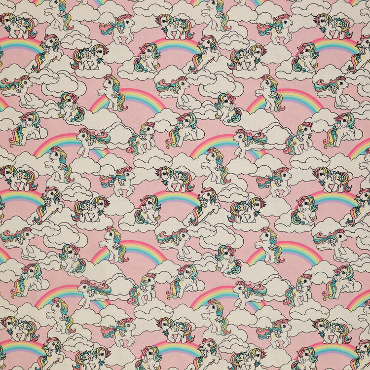 My Little Pony Retro Fabric Collection - Starshine in the Clouds: cartoon ponies with rainbow manes and tails, set in white clouds against a light pink background CL95010202-01