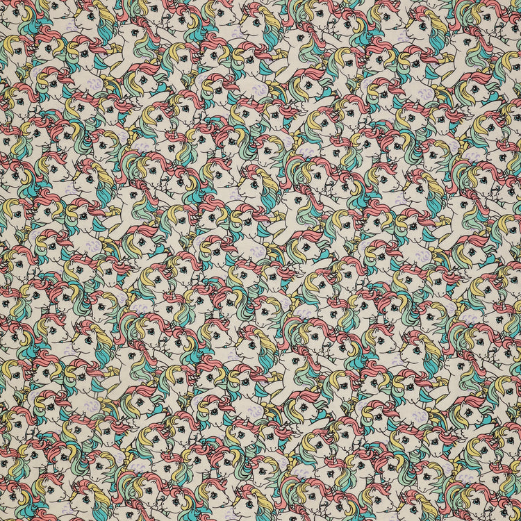 My Little Pony Retro Fabric Collection - Pony Stack: cartoon unicorns with pastel pink, yellow, and teal manes on a white background CL95010203-01