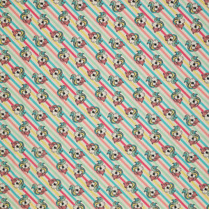 My Little Pony Retro Fabric Collection - Pony Stripe: cartoon pony faces, set against a background of diagonal pastel stripes in blue, pink, and white CL95010204-01
