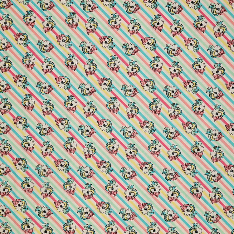 My Little Pony Retro Fabric Collection - Pony Stripe: cartoon pony faces, set against a background of diagonal pastel stripes in blue, pink, and white CL95010204-01