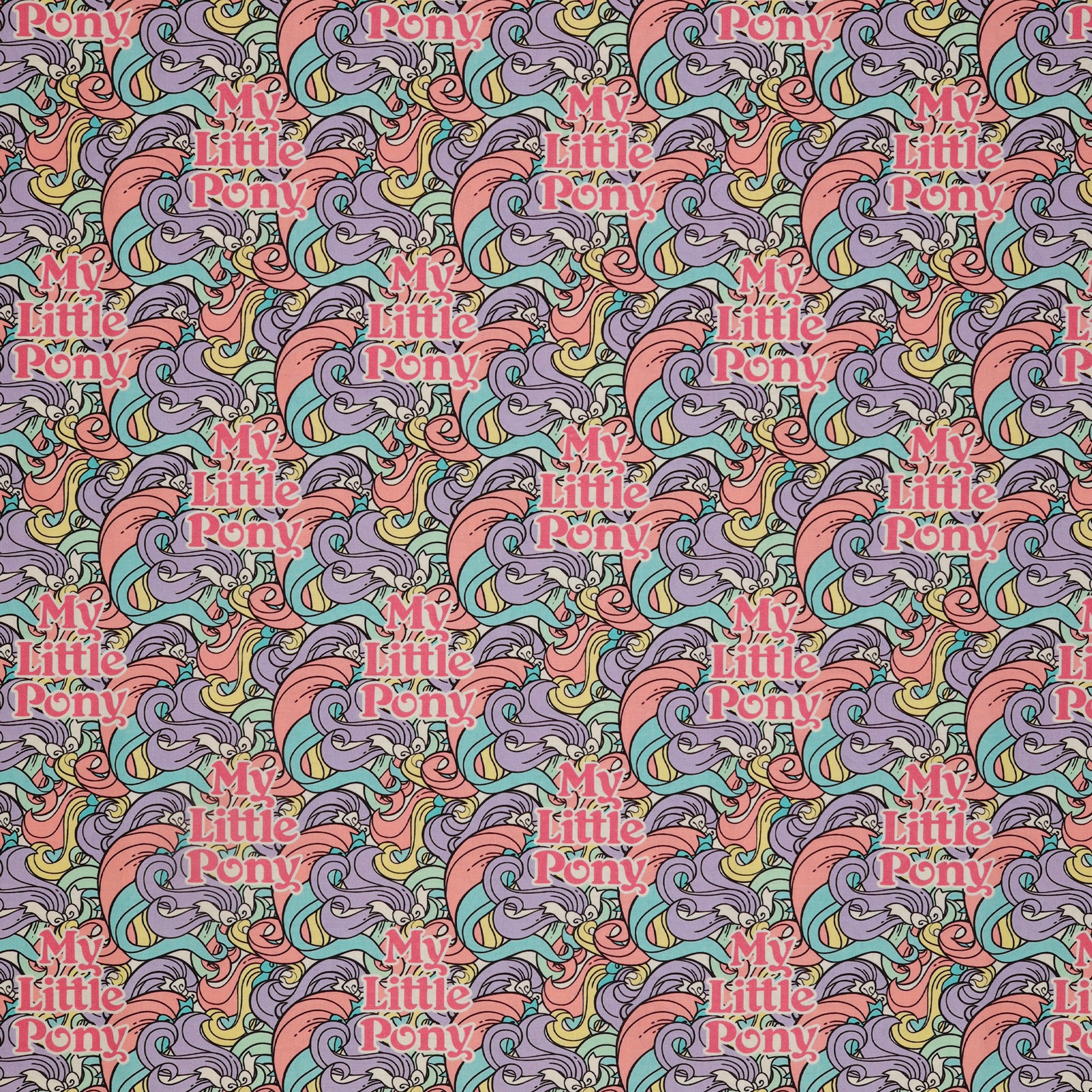 My Little Pony Retro Fabric Collection - Pony Tails: pink 'My Little Pony' lettering and swirling lavender, aqua, and peach manes CL95010205-01
