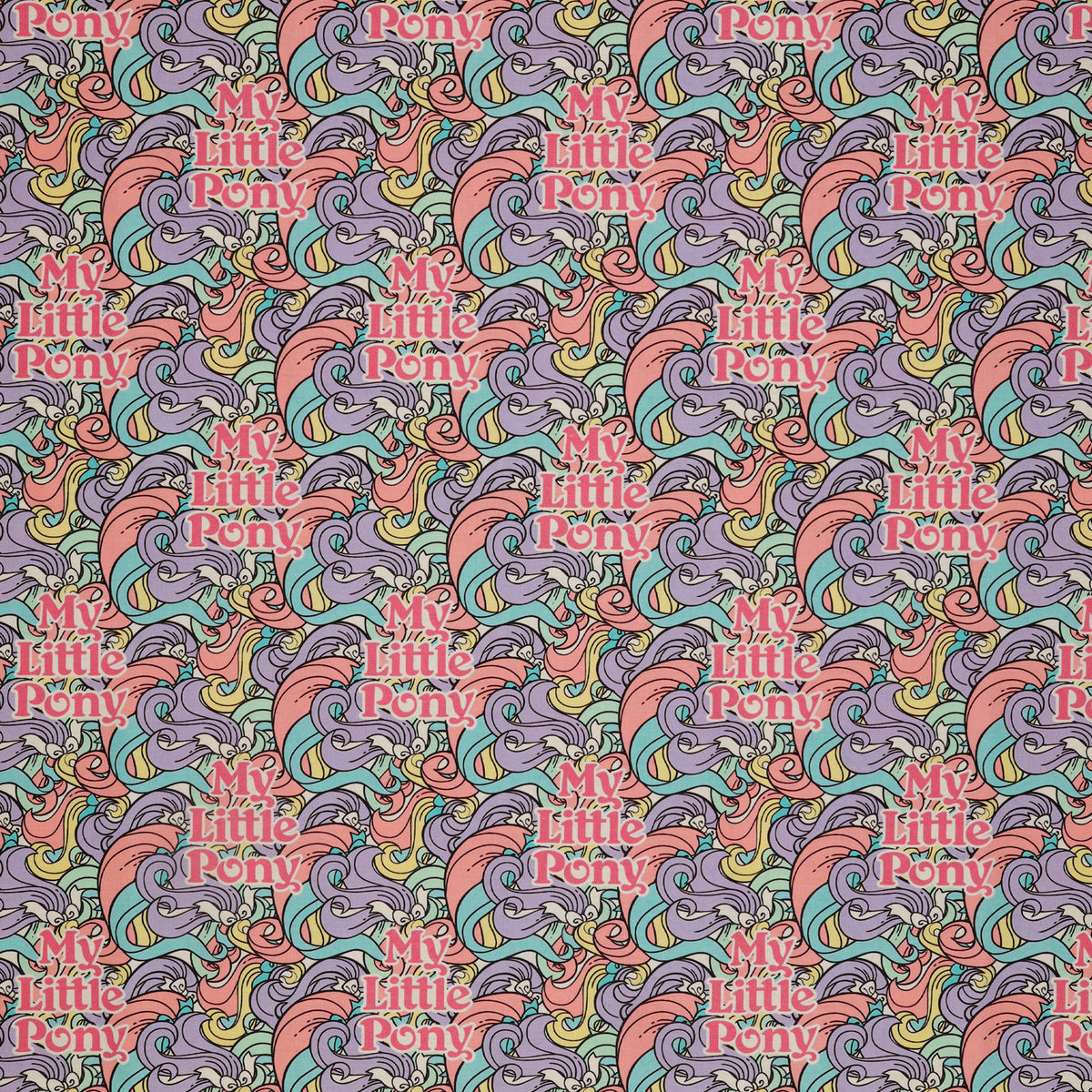 My Little Pony Retro Fabric Collection - Pony Tails: pink 'My Little Pony' lettering and swirling lavender, aqua, and peach manes CL95010205-01