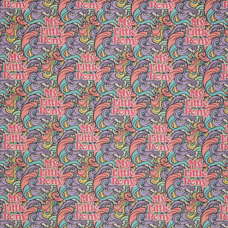 My Little Pony Retro Fabric Collection - Pony Tails: pink 'My Little Pony' lettering and swirling lavender, aqua, and peach manes CL95010205-01