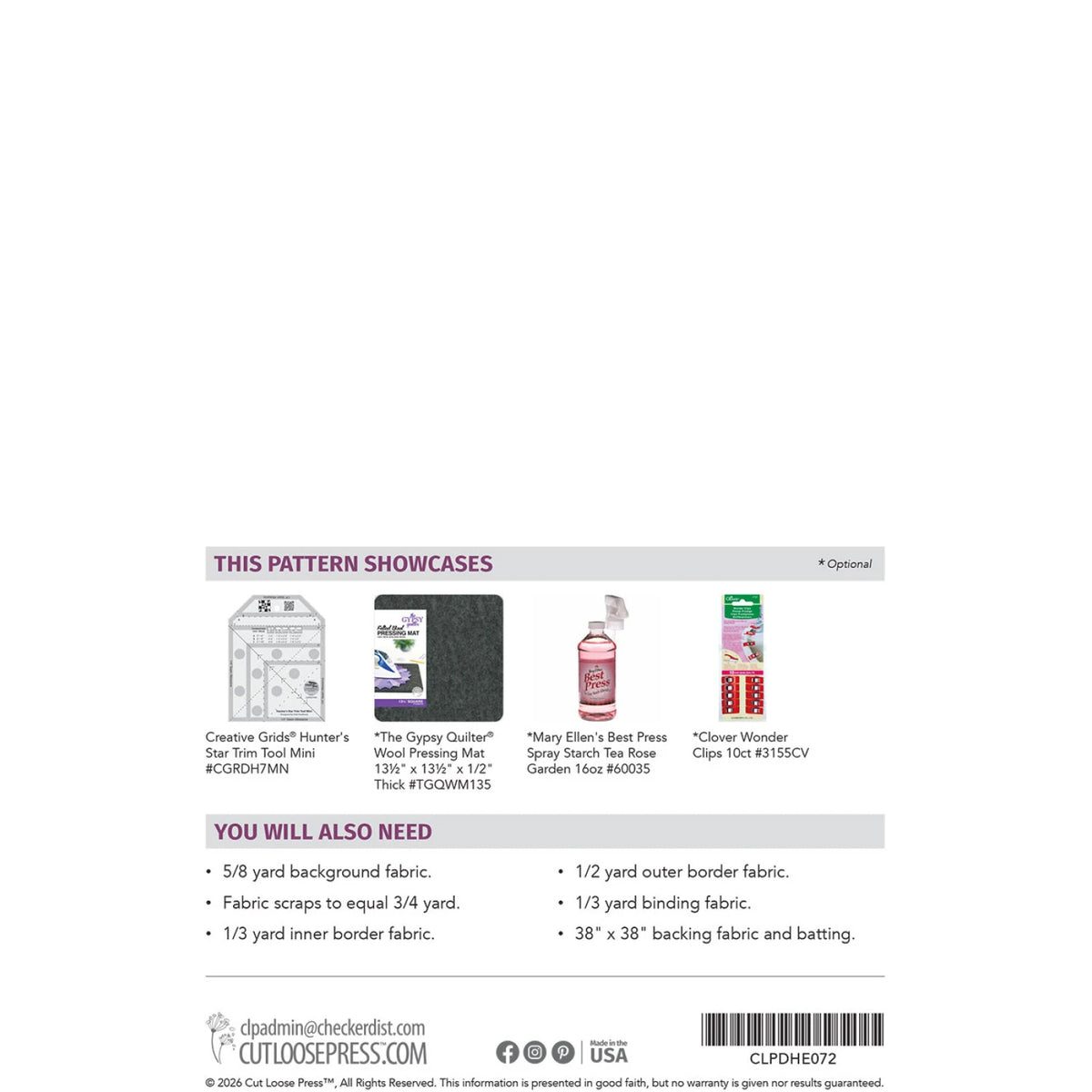 Pattern back listing recommended tools and fabric yardage for Cut Loose Press's Five Star Review wall hanging
