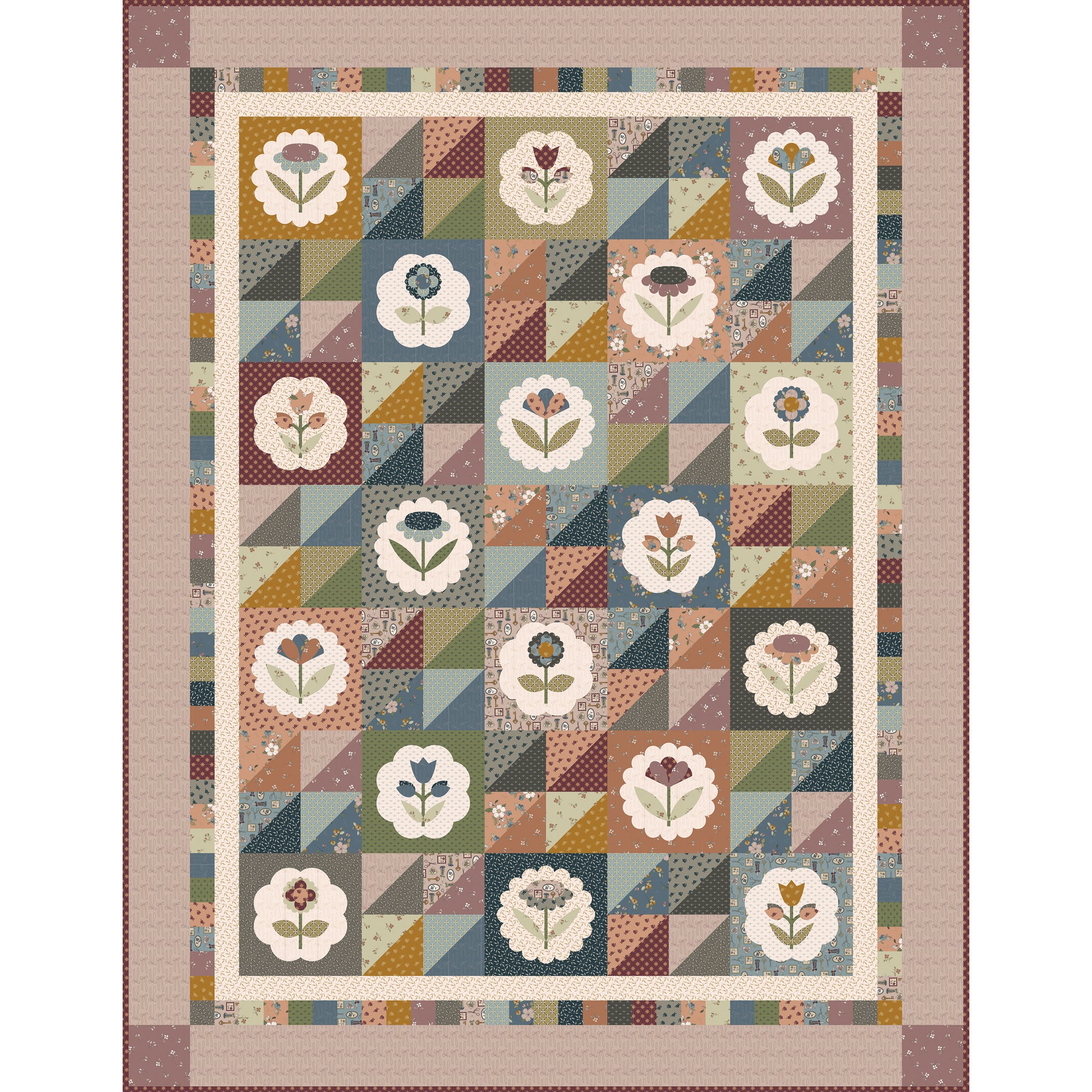 Digital quilt featuring a patchwork of floral motifs in muted earthy tones framed by a wide beige border.