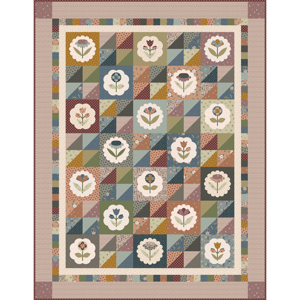 Digital quilt featuring a patchwork of floral motifs in muted earthy tones framed by a wide beige border.