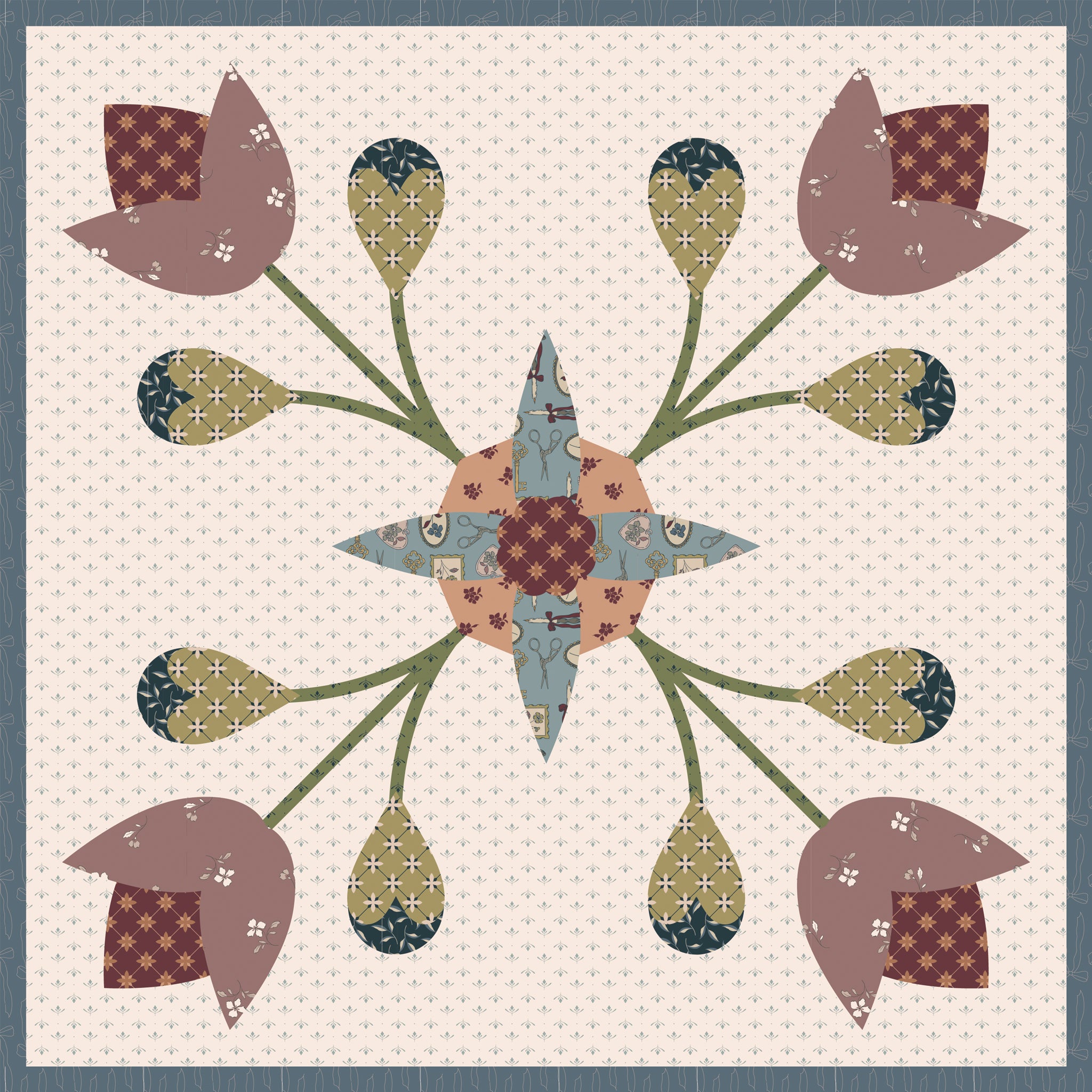 A quilt block featuring a central star and surrounding tulips on a cream dotted background, with muted mauve petals, olive and sage green stems, and patterned fabric accents.