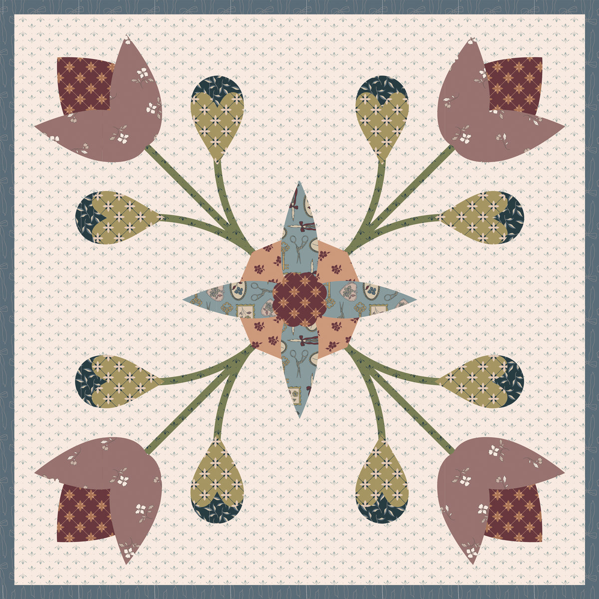 A quilt block featuring a central star and surrounding tulips on a cream dotted background, with muted mauve petals, olive and sage green stems, and patterned fabric accents.