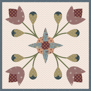 A quilt block featuring a central star and surrounding tulips on a cream dotted background, with muted mauve petals, olive and sage green stems, and patterned fabric accents.
