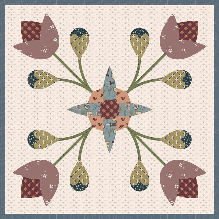 A quilt block featuring a central star and surrounding tulips on a cream dotted background, with muted mauve petals, olive and sage green stems, and patterned fabric accents.
