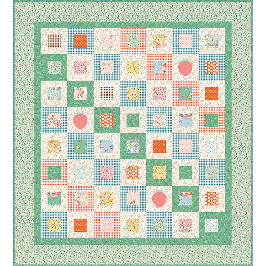 Cotton Nook quilt featuring colorful patchwork squares, gingham, florals, dots and apple motifs.