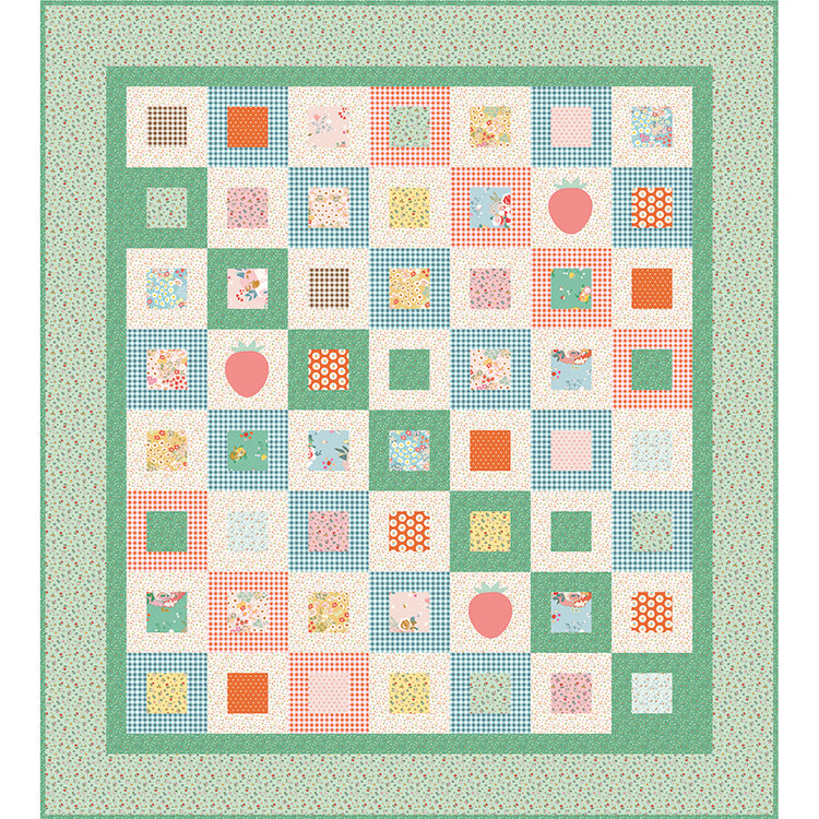 Cotton Nook quilt featuring colorful patchwork squares, gingham, florals, dots and apple motifs.