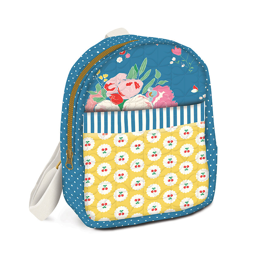 Finished Cotton Nook backpack with blue floral panel, yellow cherry pocket and striped trim.