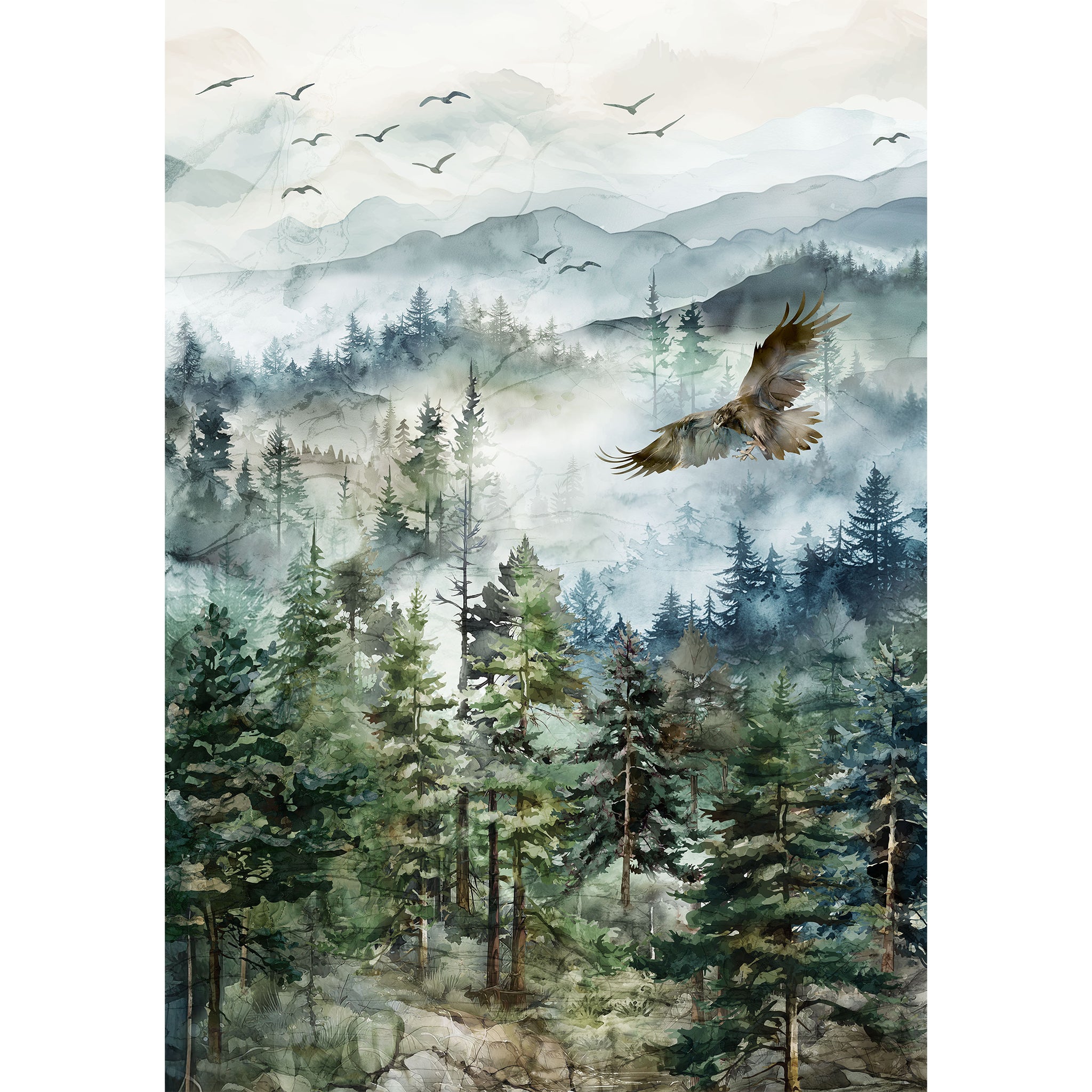 Altitude Fabric Collection - Ombre Watercolor-style landscape, misty pine forest, layered mountains, flying birds, and a large bird in flight NCDP29154-43
