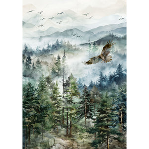 Altitude Fabric Collection - Ombre Watercolor-style landscape, misty pine forest, layered mountains, flying birds, and a large bird in flight NCDP29154-43