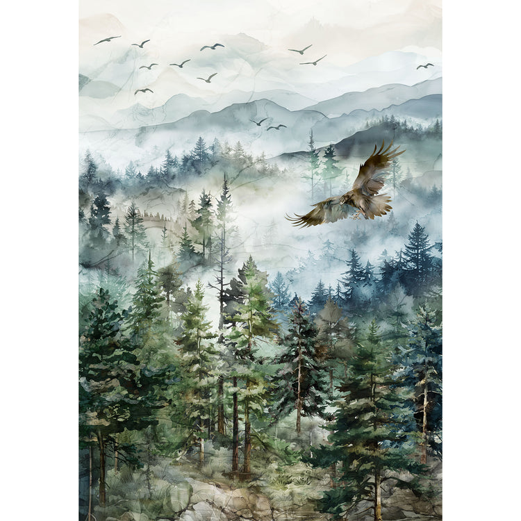 Altitude Fabric Collection - Ombre Watercolor-style landscape, misty pine forest, layered mountains, flying birds, and a large bird in flight NCDP29154-43