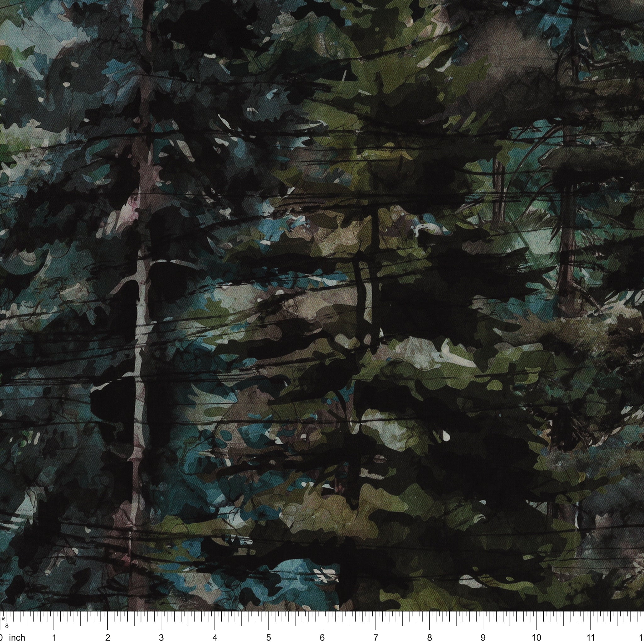 Altitude Fabric Collection - Ombre watercolor forest with layered evergreen trees NCDP29154-43 with ruler for size