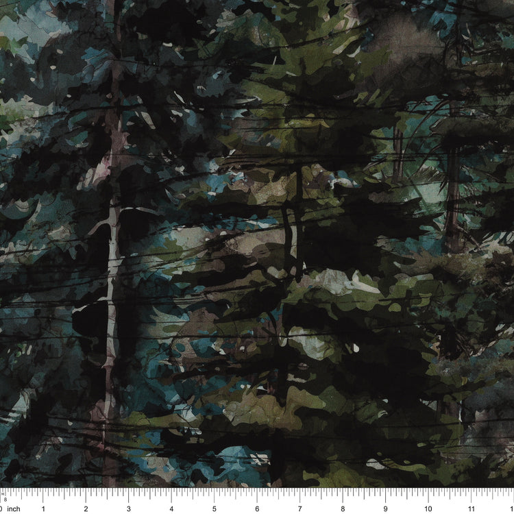 Altitude Fabric Collection - Ombre watercolor forest with layered evergreen trees NCDP29154-43 with ruler for size