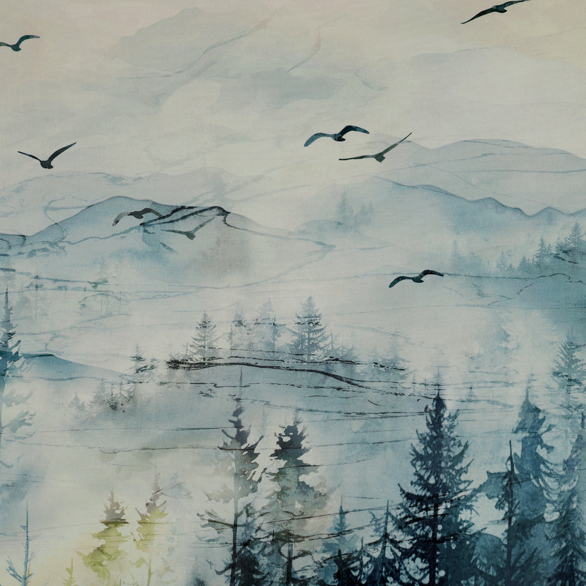 Altitude Fabric Collection - Ombre Watercolor mountain fabric with misty blue hills, evergreen trees, and flying birds NCDP29154-43