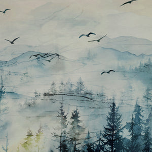 Altitude Fabric Collection - Ombre Watercolor mountain fabric with misty blue hills, evergreen trees, and flying birds NCDP29154-43