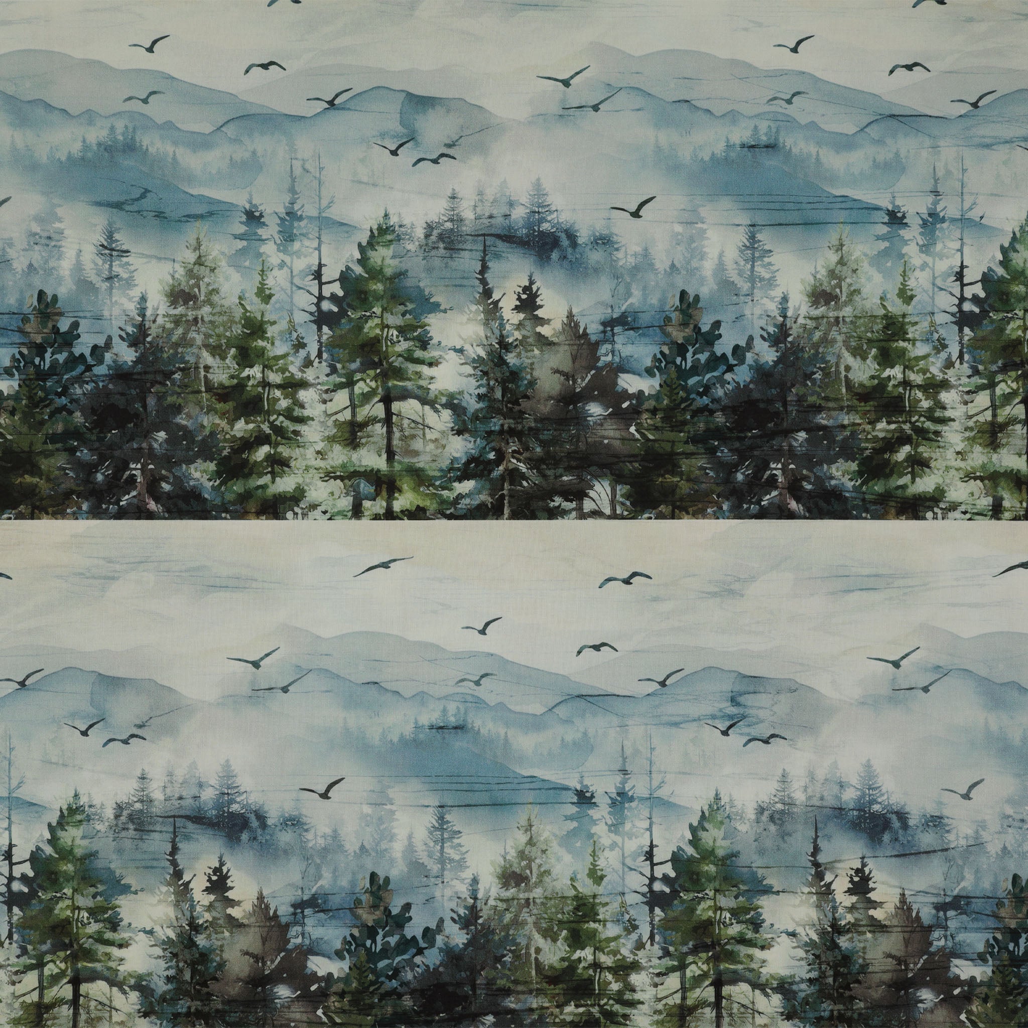 Altitude Fabric Collection - Border Stripe Watercolor forest with blue misty mountains, green evergreens, and flying birds NCDP29155-43