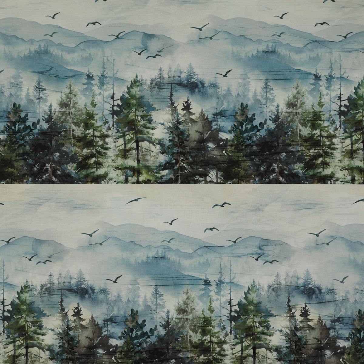 Altitude Fabric Collection - Border Stripe Watercolor forest with blue misty mountains, green evergreens, and flying birds NCDP29155-43