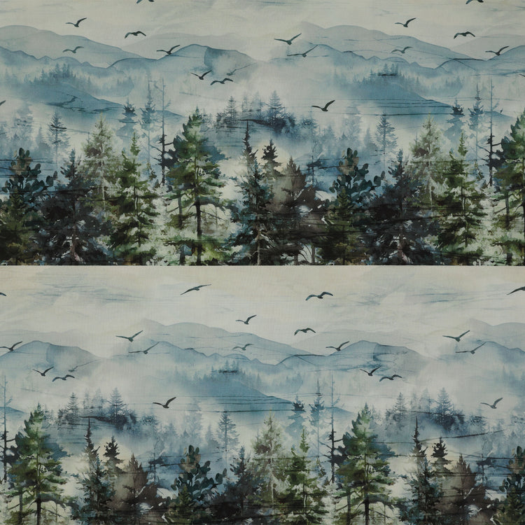 Altitude Fabric Collection - Border Stripe Watercolor forest with blue misty mountains, green evergreens, and flying birds NCDP29155-43