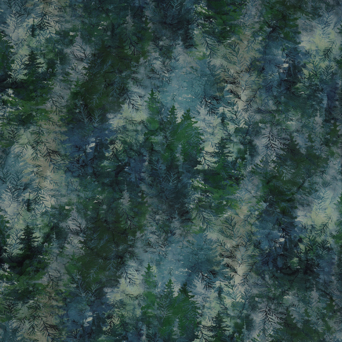 Altitude Fabric Collection - Multi Trees Blue: Evergreen forest with layered pine branches in deep green, teal, and blue NCDP29156-43