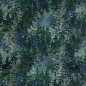 Altitude Fabric Collection - Multi Trees Blue: Evergreen forest with layered pine branches in deep green, teal, and blue NCDP29156-43
