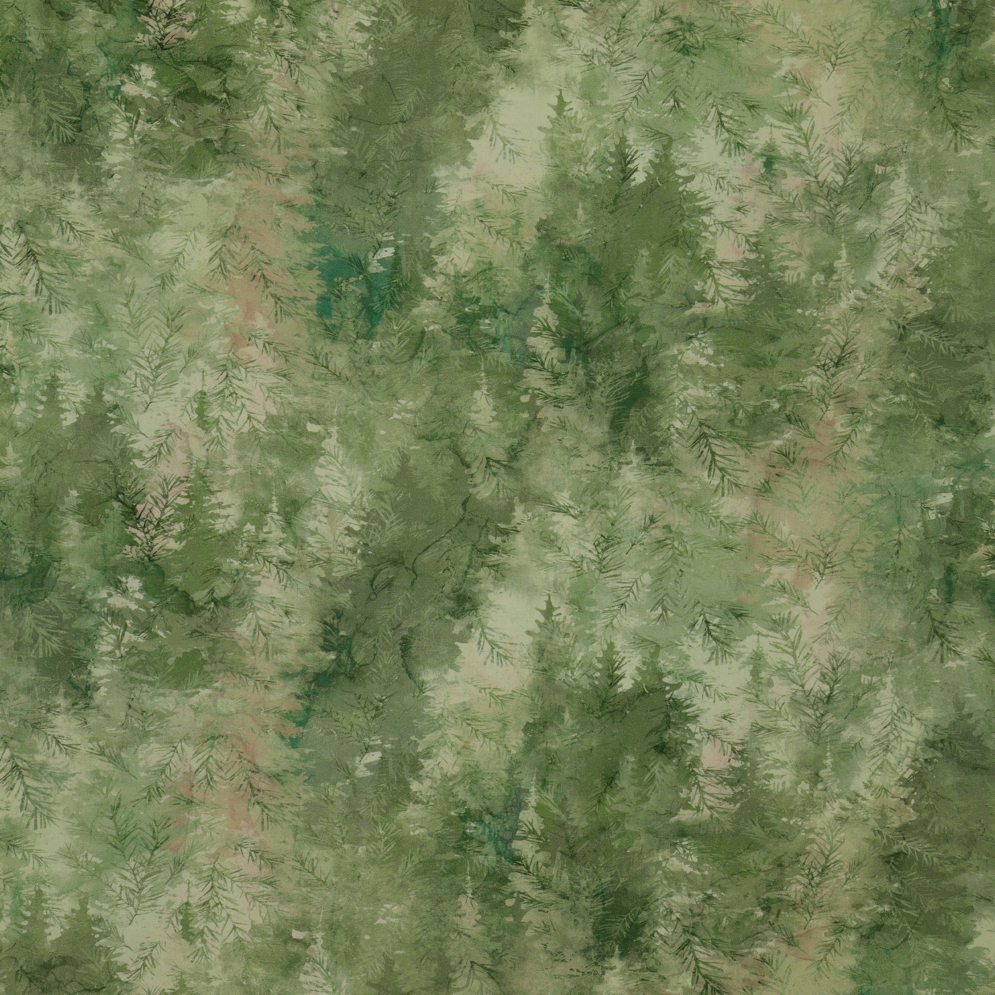 Altitude Fabric Collection - Multi Trees Green: Green forest with layered evergreen branches and soft watercolor texture NCDP29156-73