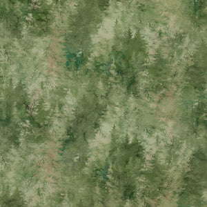 Altitude Fabric Collection - Multi Trees Green: Green forest with layered evergreen branches and soft watercolor texture NCDP29156-73