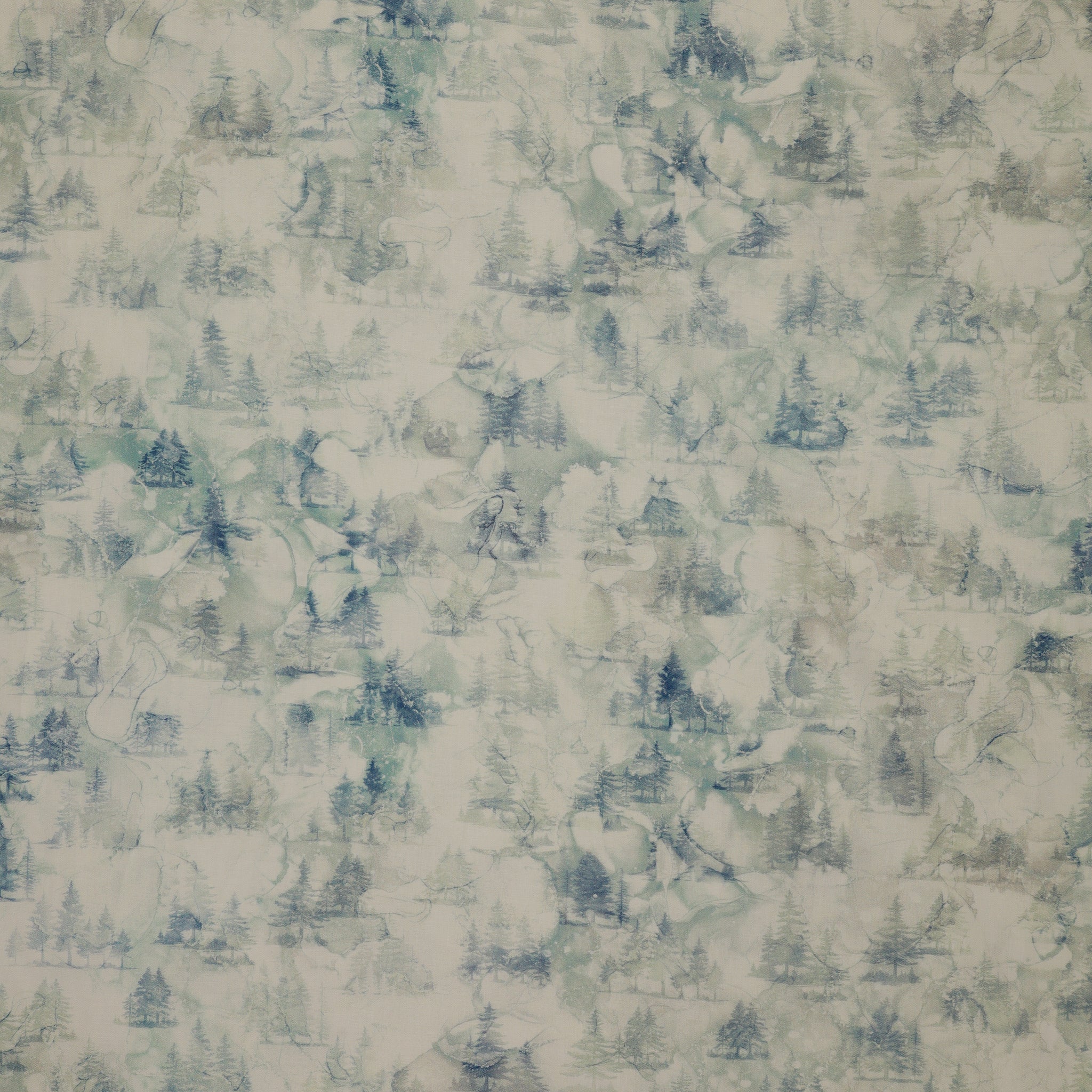 Altitude Fabric Collection - Mini Trees: Cream with misty blue-green evergreen trees and soft watercolor texture NCDP29157-10