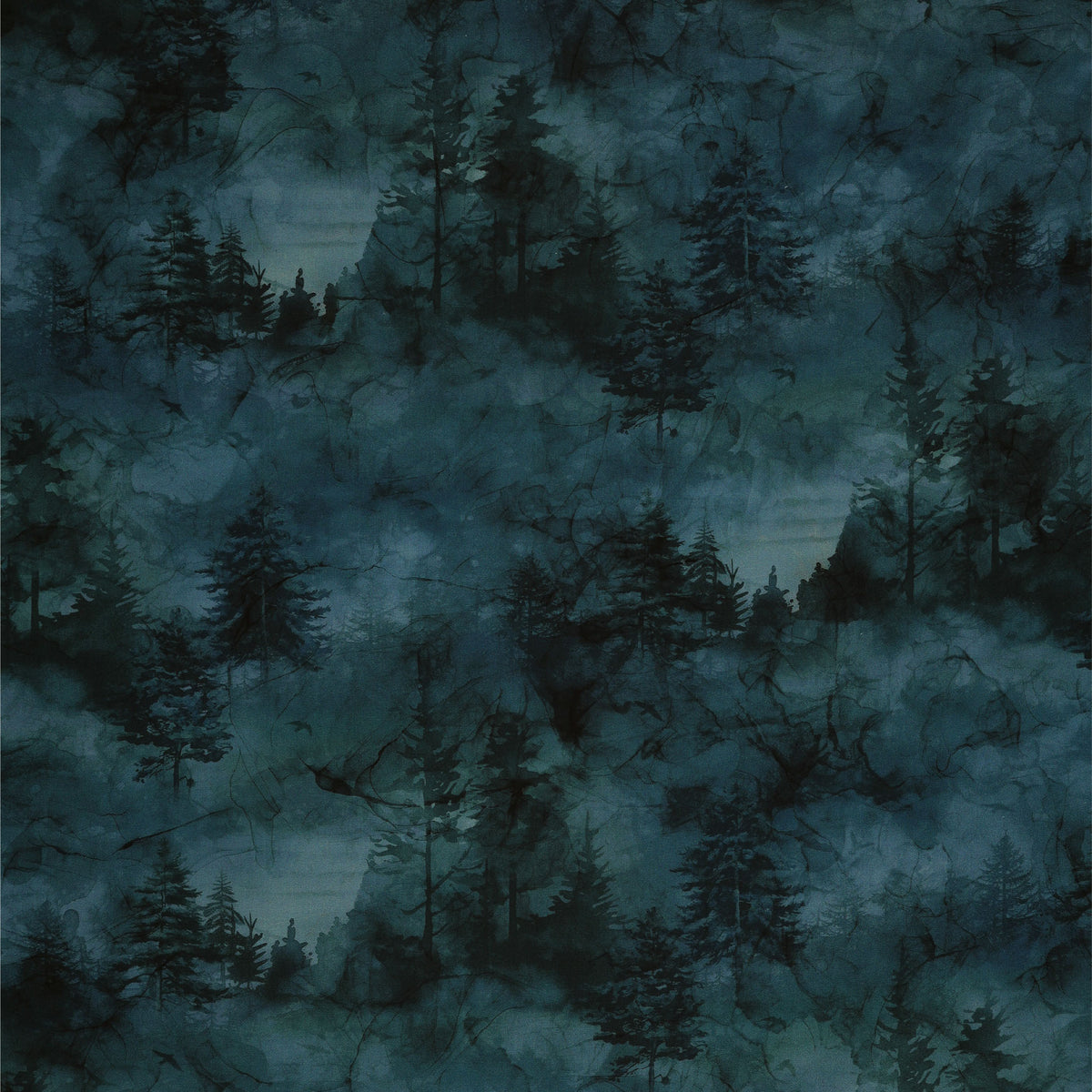 Altitude Fabric Collection - Tonal Trees: Dark blue forest with misty evergreen trees and moody watercolor texture NCDP29163-47