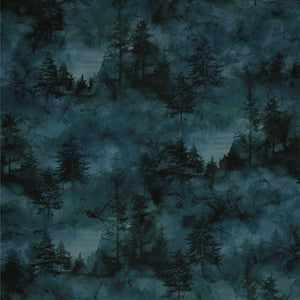 Altitude Fabric Collection - Tonal Trees: Dark blue forest with misty evergreen trees and moody watercolor texture NCDP29163-47