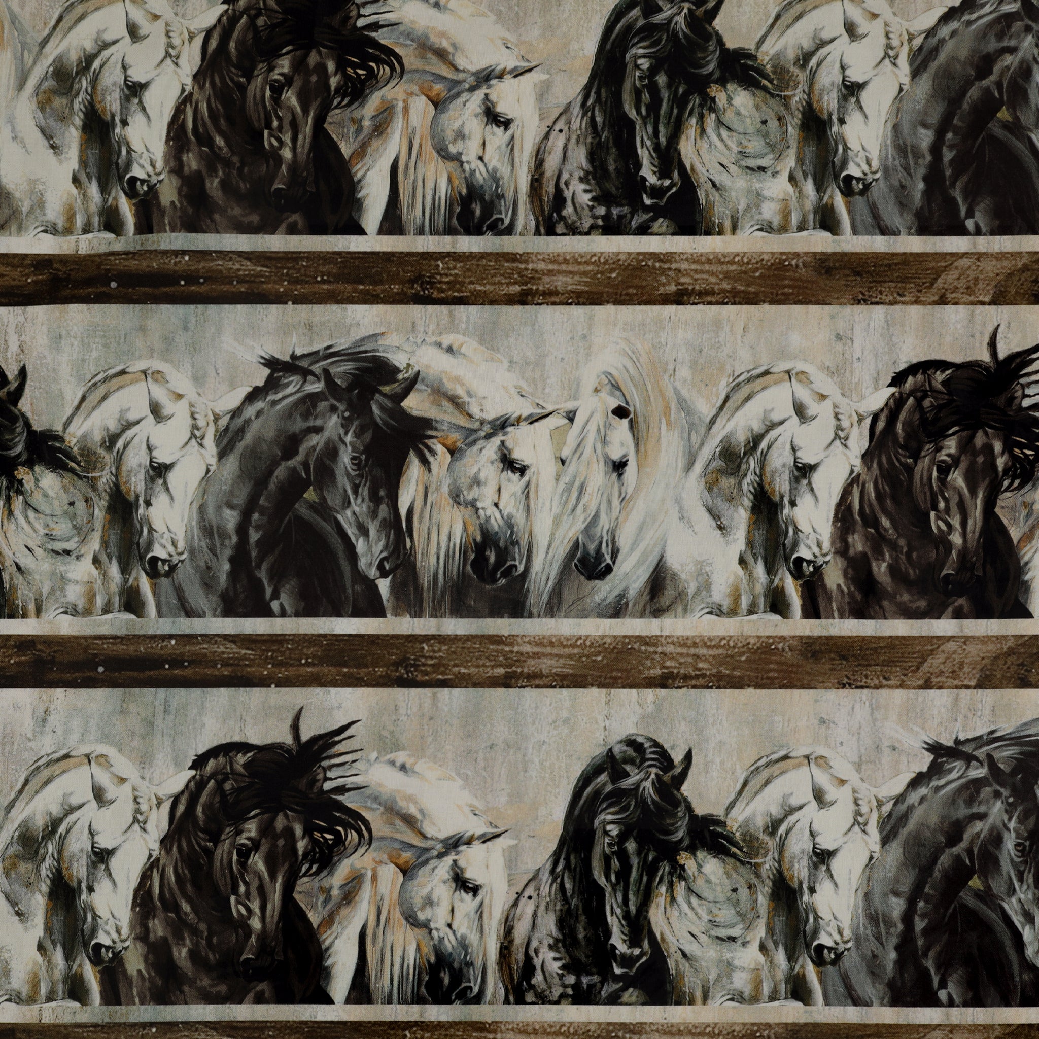 Shadow & Light Fabric Collection Border Stripe Brown Multi repeating black and white horse portraits and distressed brown horizontal bands NCDP29219-34