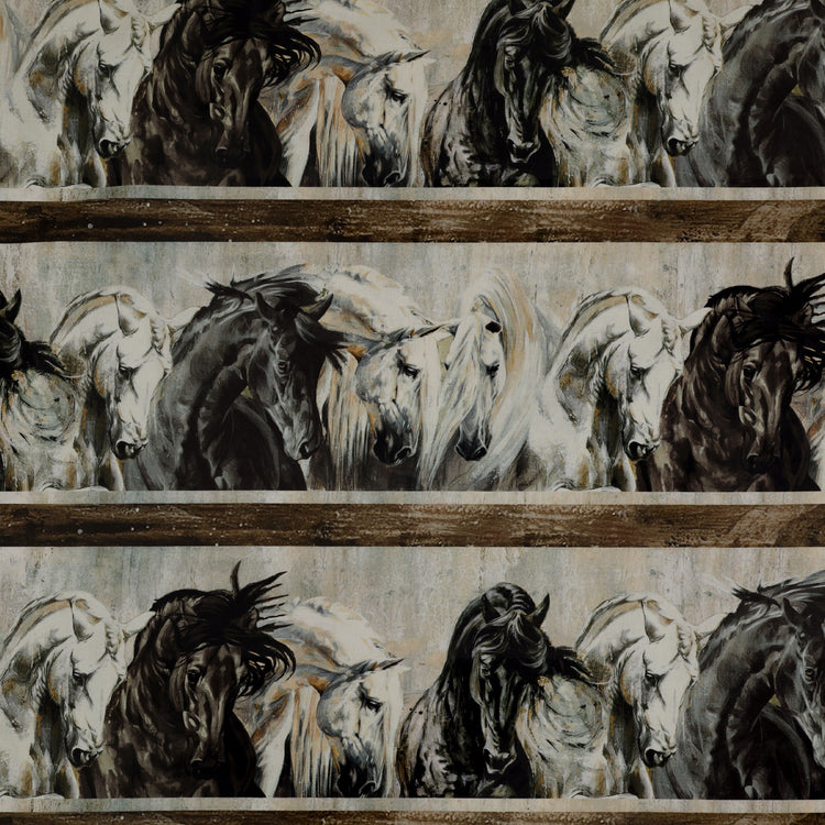 Shadow & Light Fabric Collection Border Stripe Brown Multi repeating black and white horse portraits and distressed brown horizontal bands NCDP29219-34
