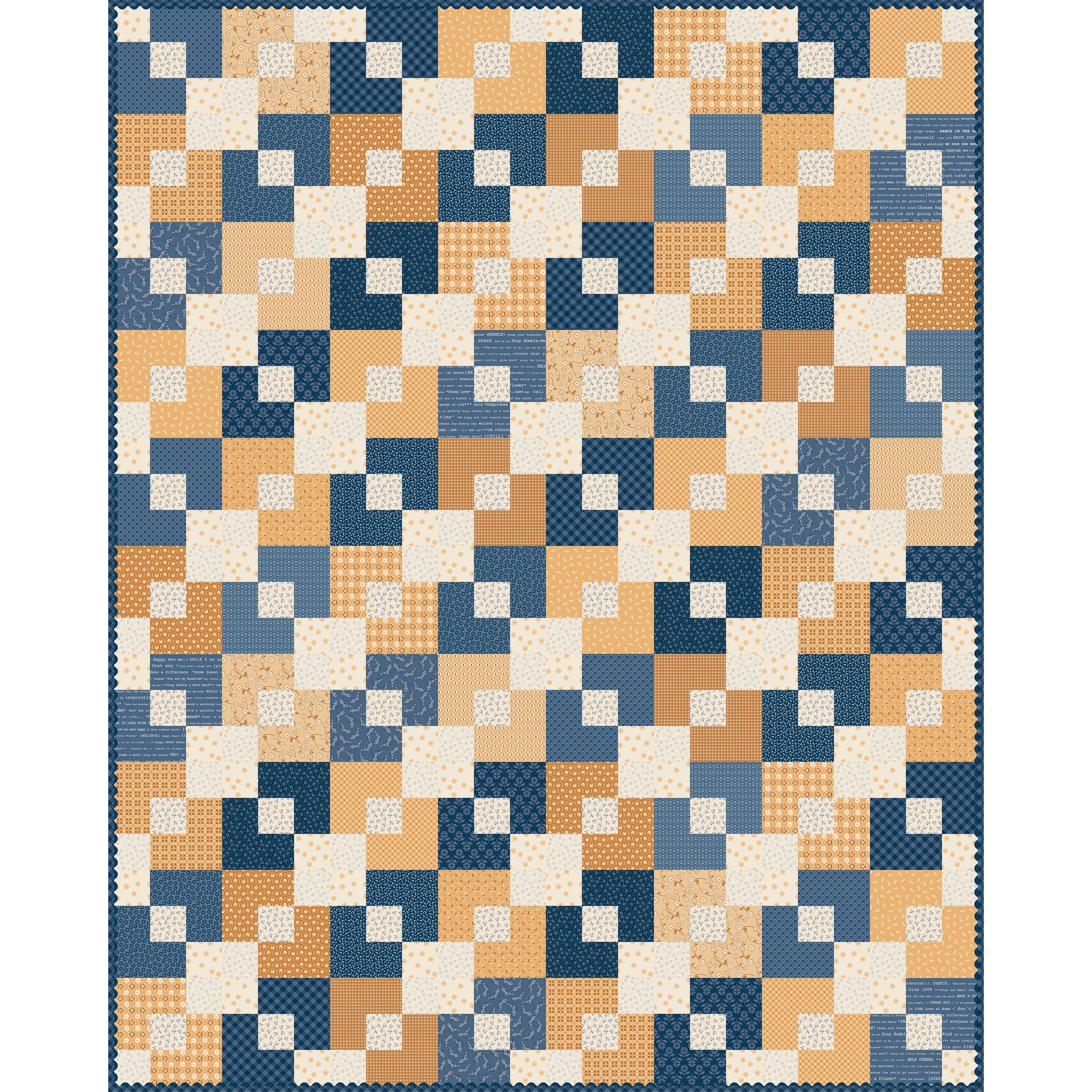 A patchwork quilt featuring a geometric block pattern in navy blue, slate blue, tan, cream, and small orange accents.