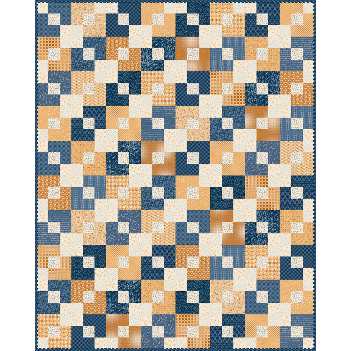 A patchwork quilt featuring a geometric block pattern in navy blue, slate blue, tan, cream, and small orange accents.