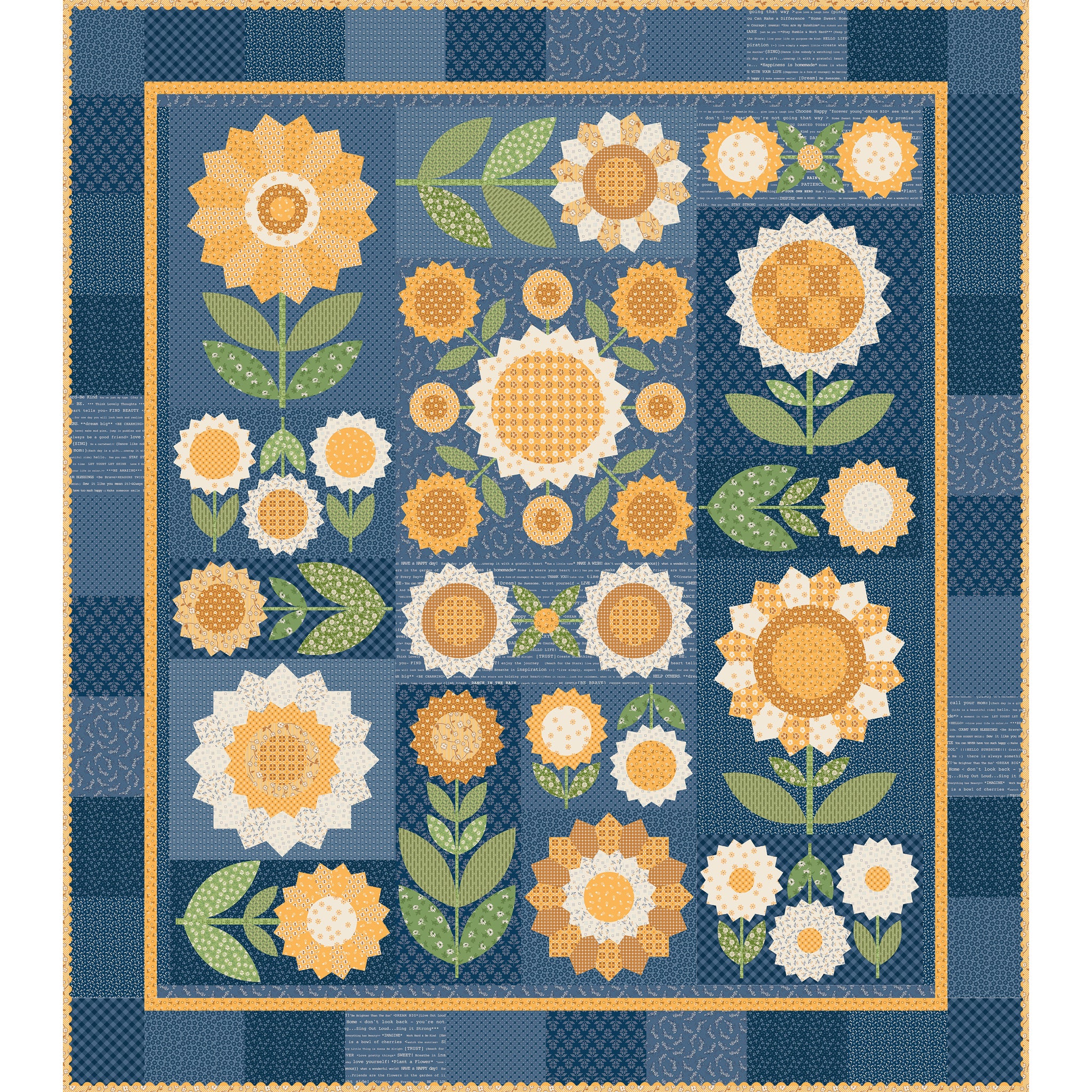 A quilt design featuring stylized sunflowers and floral motifs in yellow, orange, white, and green on a blue patchwork background with a decorative border.