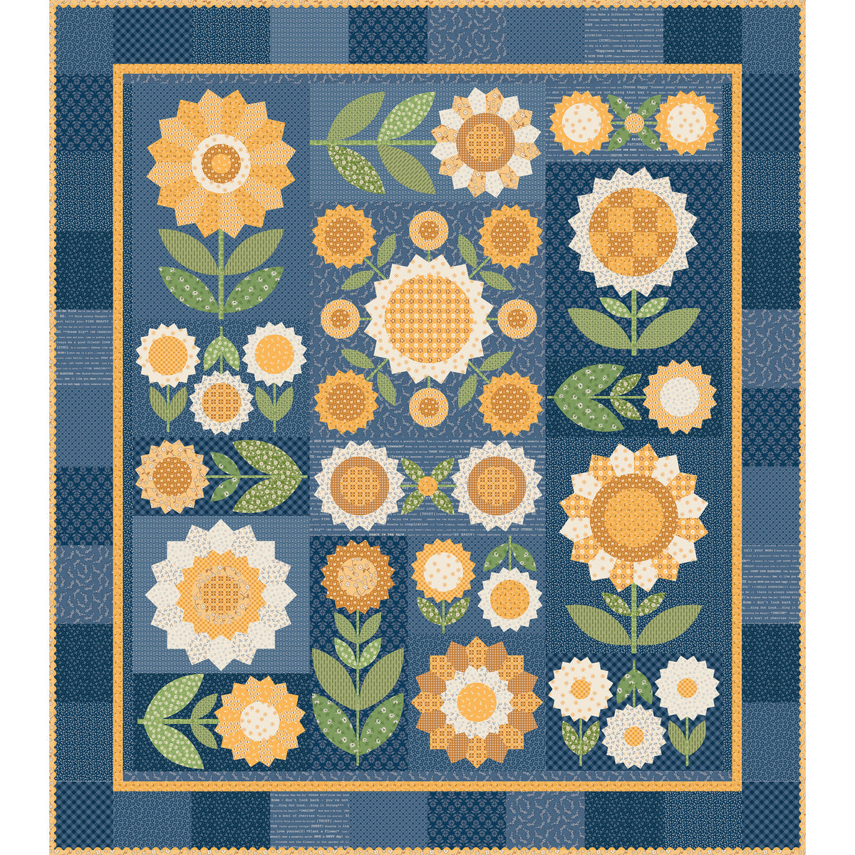 A quilt design featuring stylized sunflowers and floral motifs in yellow, orange, white, and green on a blue patchwork background with a decorative border.