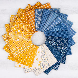 A circular arrangement of patterned fabric swatches in yellow, orange, blue, and cream on a white textured background.