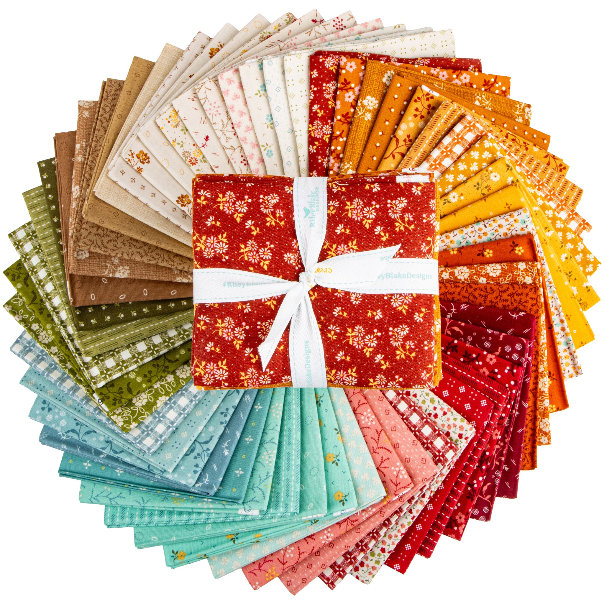 Baked With Love fat quarter bundle fanned out in colorful floral, gingham, and coordinating prints on a white background.