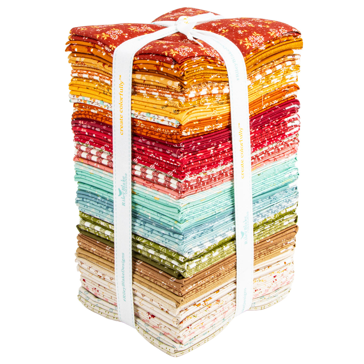Baked With Love fat quarter bundle stacked and tied with ribbon in colorful coordinating prints.