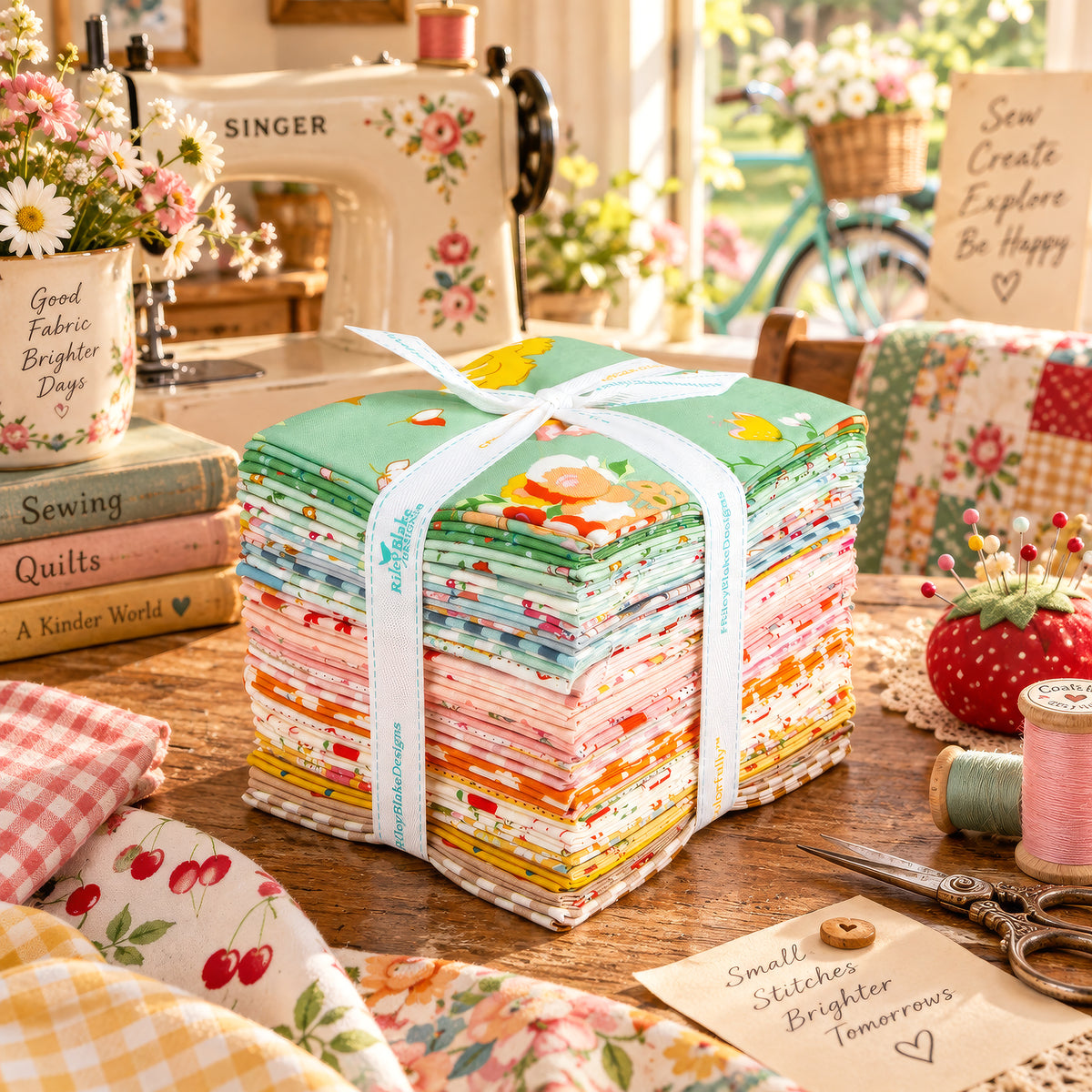 Cotton Nook Fat Quarter Bundle on a wooden table beside a vintage-style sewing machine, thread and scissors.