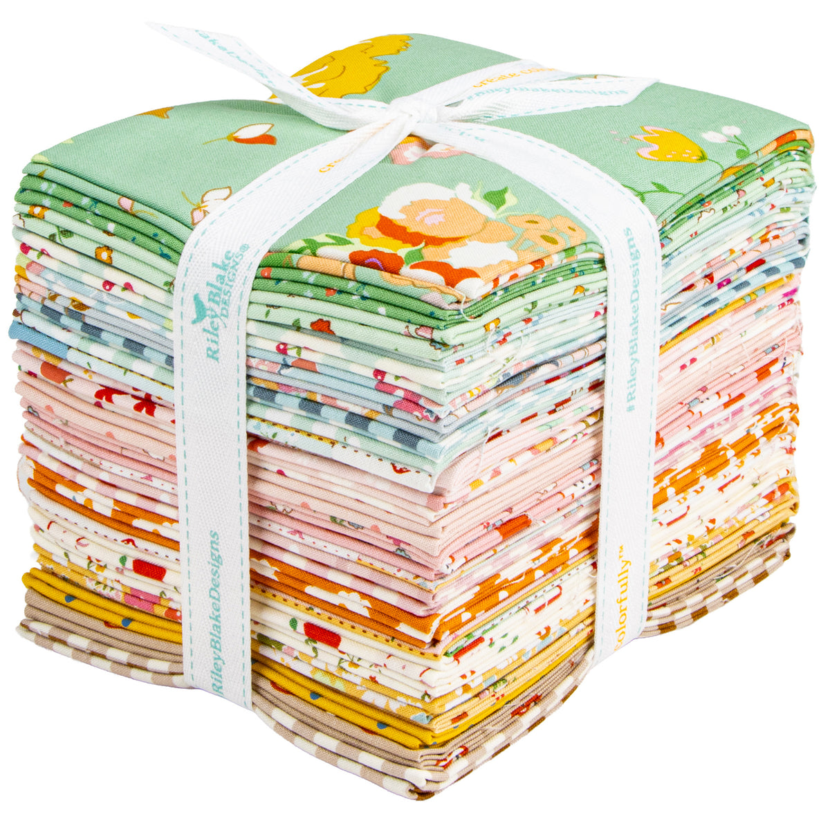 Cotton Nook Fat Quarter Bundle tied with white ribbon, topped with mint floral fabric.