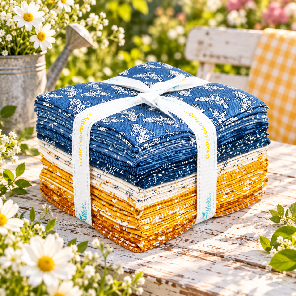 A fabric stack tied with a white ribbon, displayed outdoors on a rustic wooden table with flowers and garden decor. The top layers are navy blue with white floral patterns, and the bottom layers are golden yellow and white.