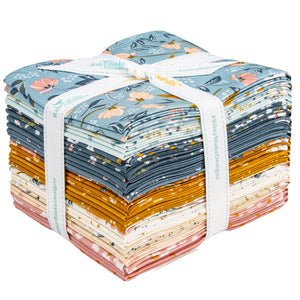 Petals & Hazel 21-piece fat quarter bundle stacked with blue, pink, cream, and butterscotch floral fabrics