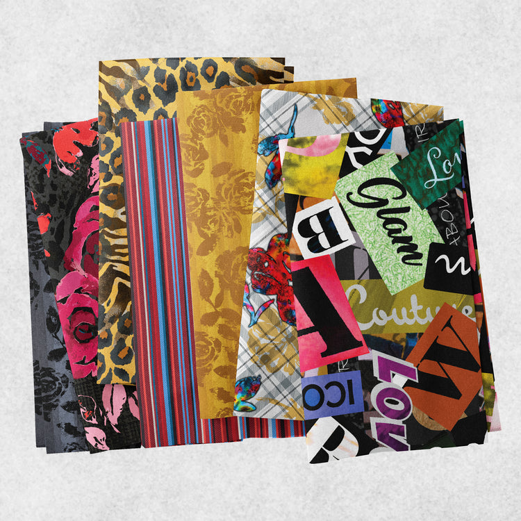 Grunge Gone Glam fabrics fanned out to show colorful typography, roses, plaid, stripes and gold animal prints.