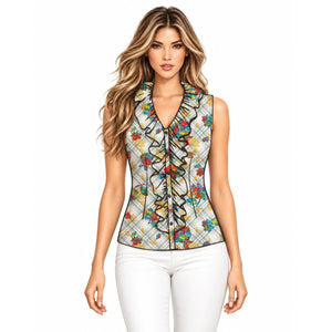 Woman wearing a Forever Young Prism Plaid sleeveless blouse with colorful florals and black-trimmed ruffles.