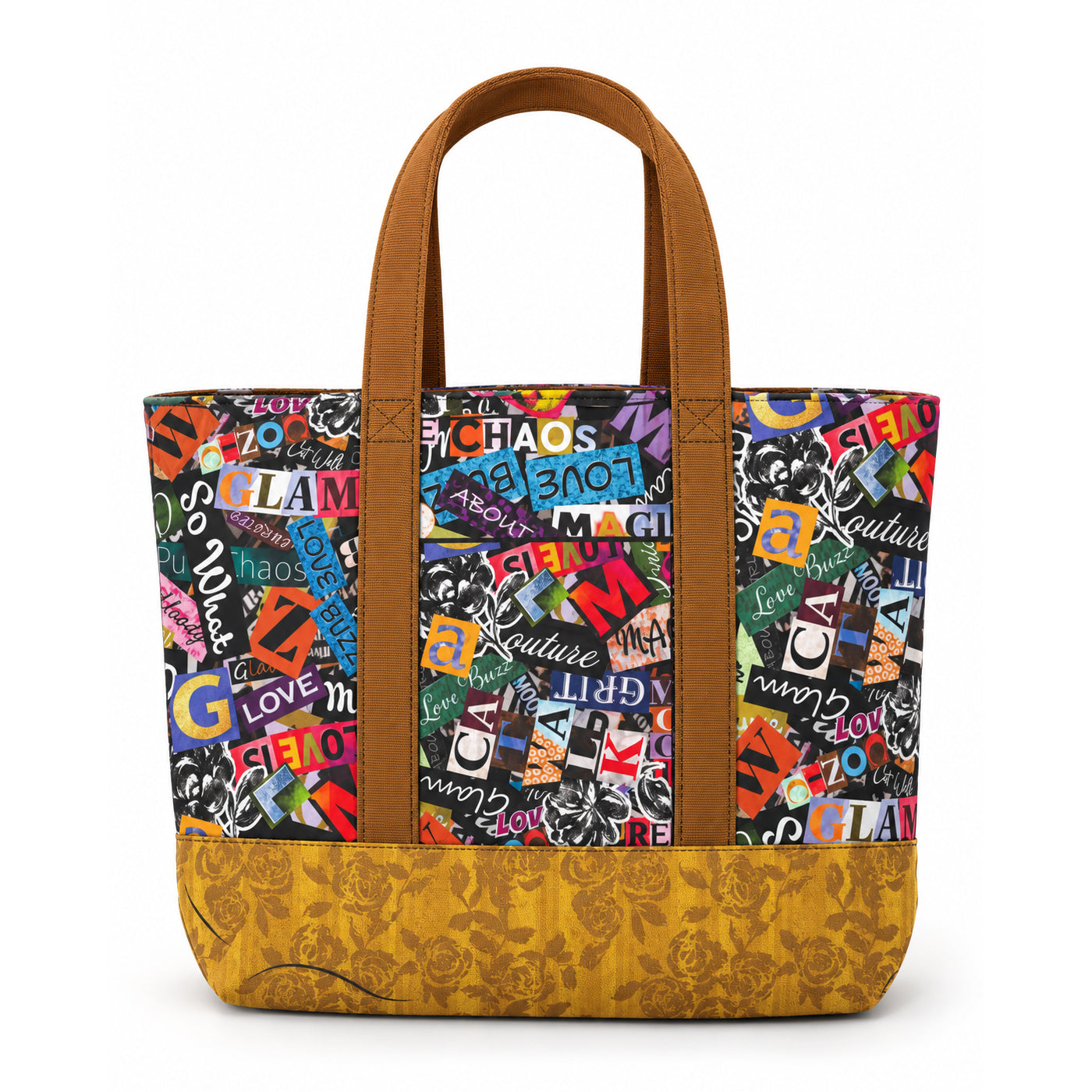 Grunge Gone Glam tote bag with colorful typography, a golden rose-print base and brown handles.